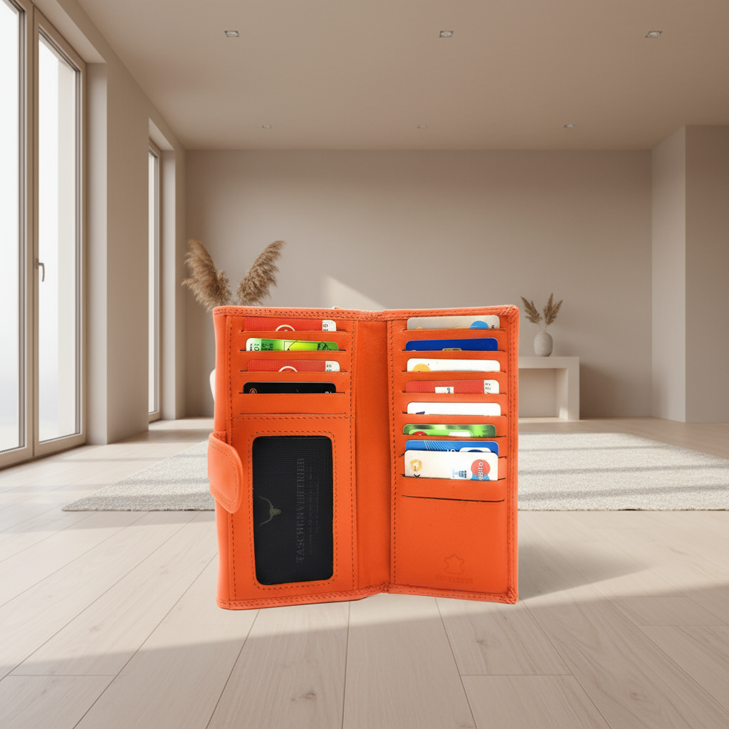 XXL Damenbörse Nappaleder RFID-Schutz – 18 Kartenfächer, Münzfach, Echtleder Geldbörse orange