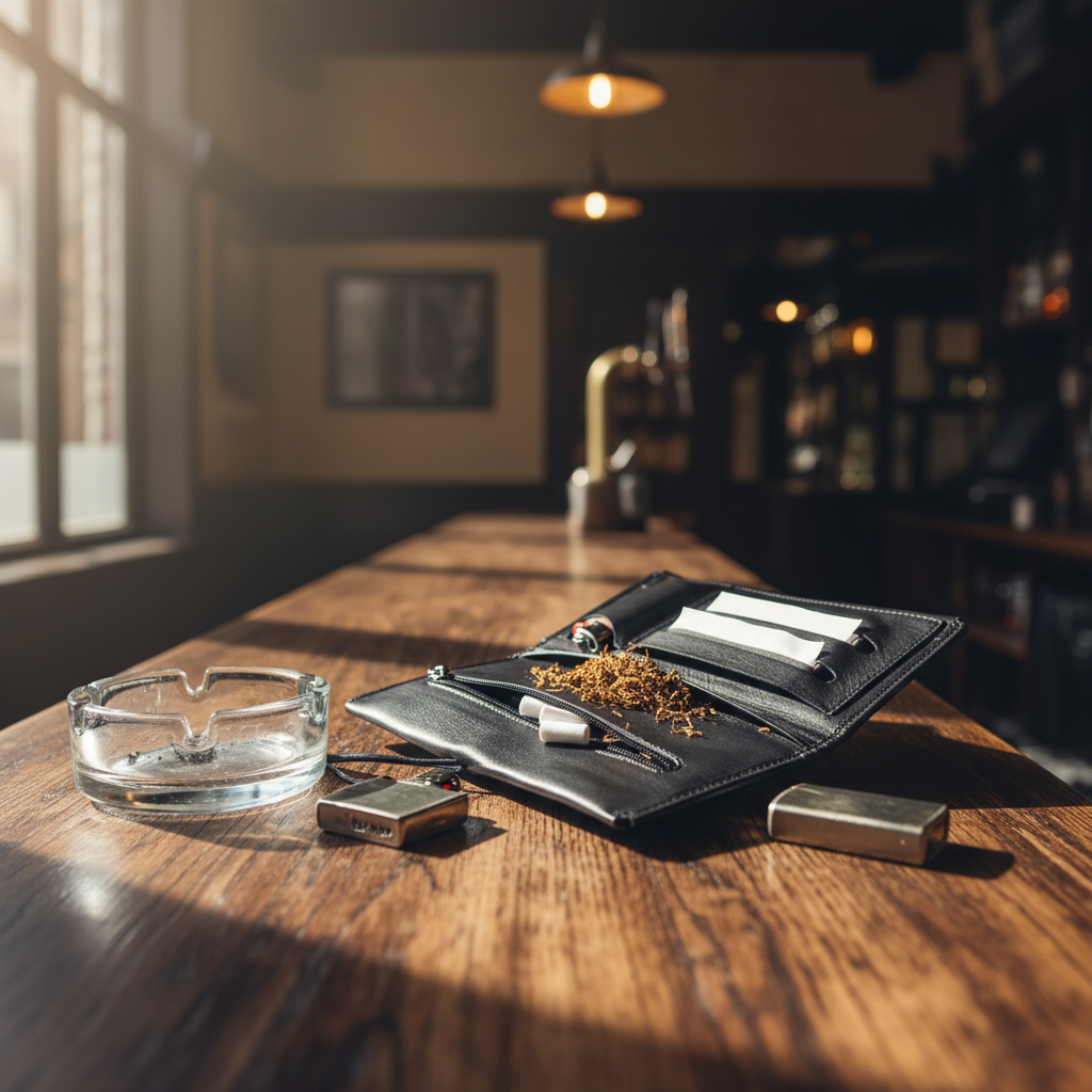 Tabakbeutel aus Rindnappeleder – mit Fächern für Blättchen, Filter & Feuerzeug schwarz