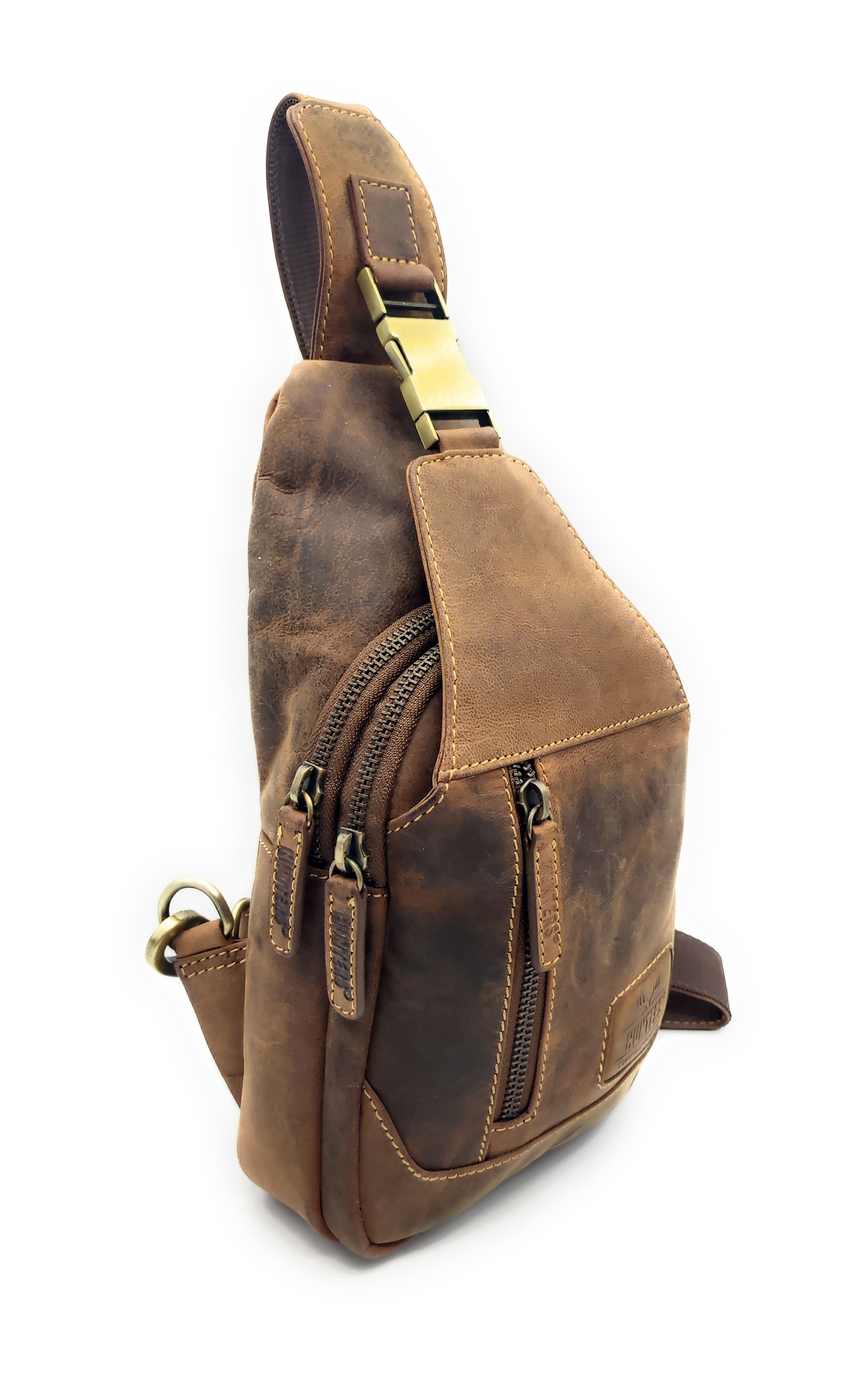 Hunters Crossbag Premium Leder Slingbag Damen & Herren - Umhängetasche mit Metall-Verschlüssen