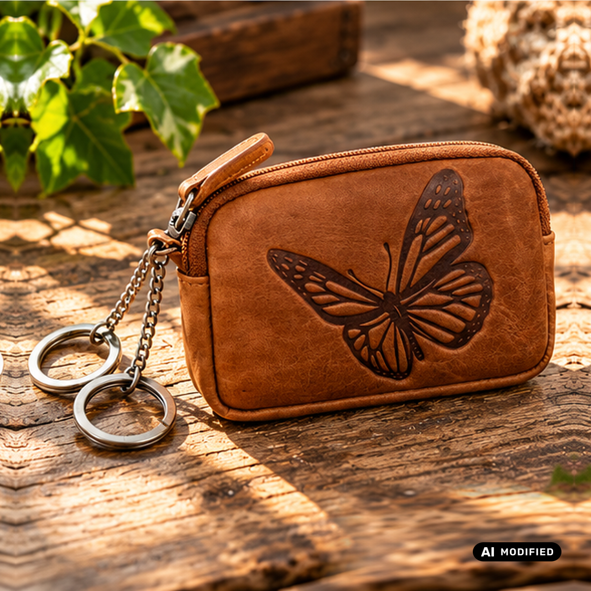 Jockey Club Schlüsseletui Leder Schmetterling, 2 Schlüsselringe – Cognacbraun