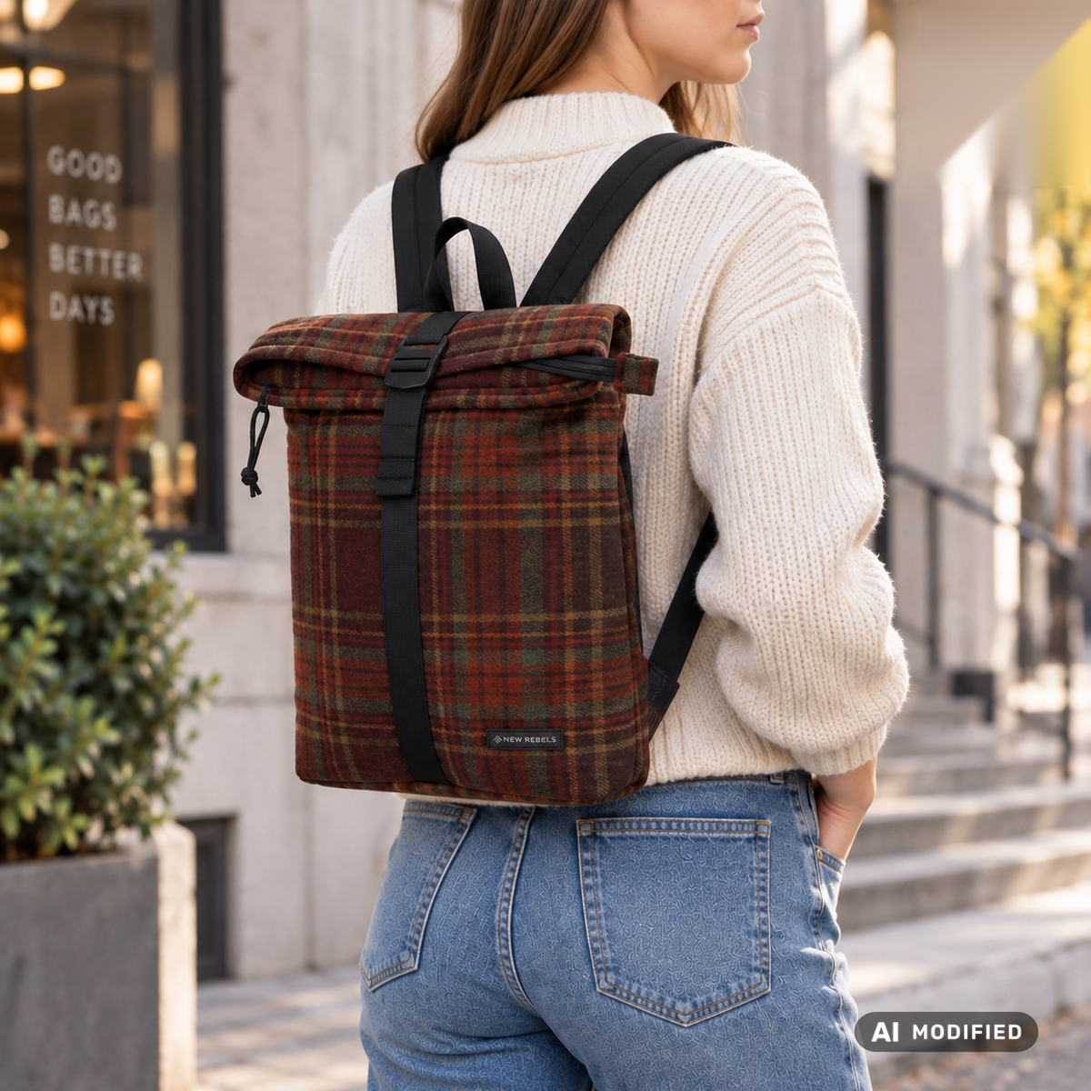 New Rebels Ribbi Roll Up Rolltop City Rucksack Los Angeles Scott Flanell karo burgundy