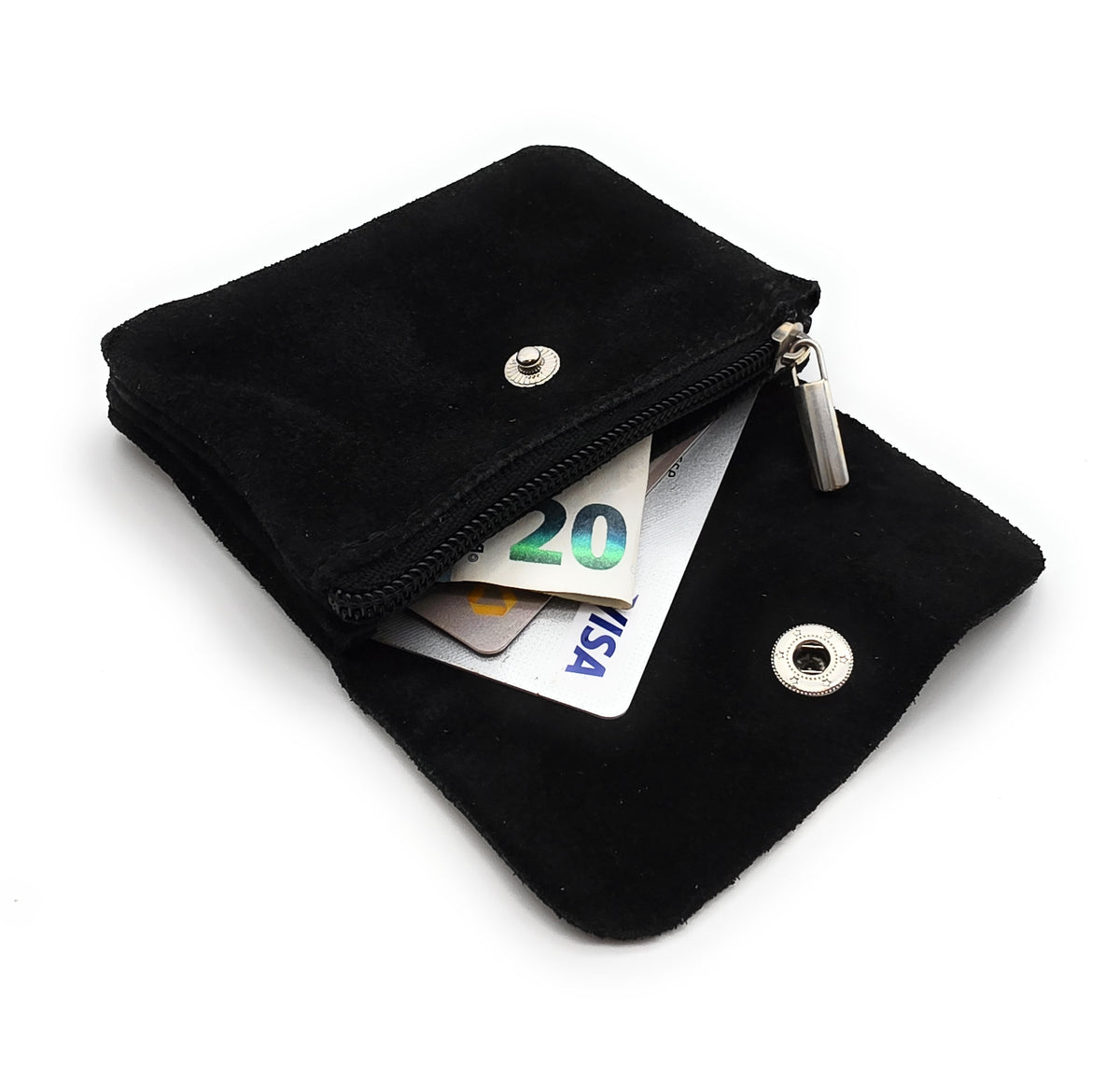 Mini Geldbörse aus echtem Rindleder – kompaktes Leder Portemonnaie Made in Italy Wildleder schwarz
