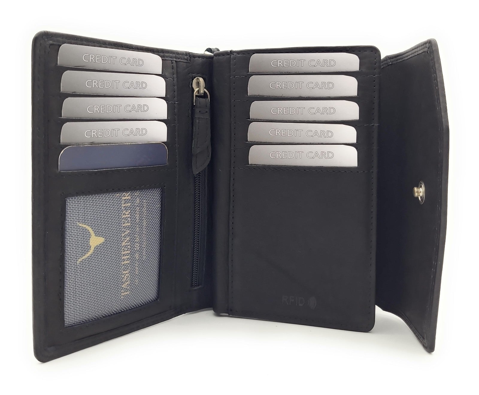 Jockey Club Geldbörse aus echtem Rindleder im Triangel-Design mit Druckknopf-Überschlag, RFID-Schutz, 9 Kartenfächern, Sichtfächern, Münzfach & Doppelnaht schwarz