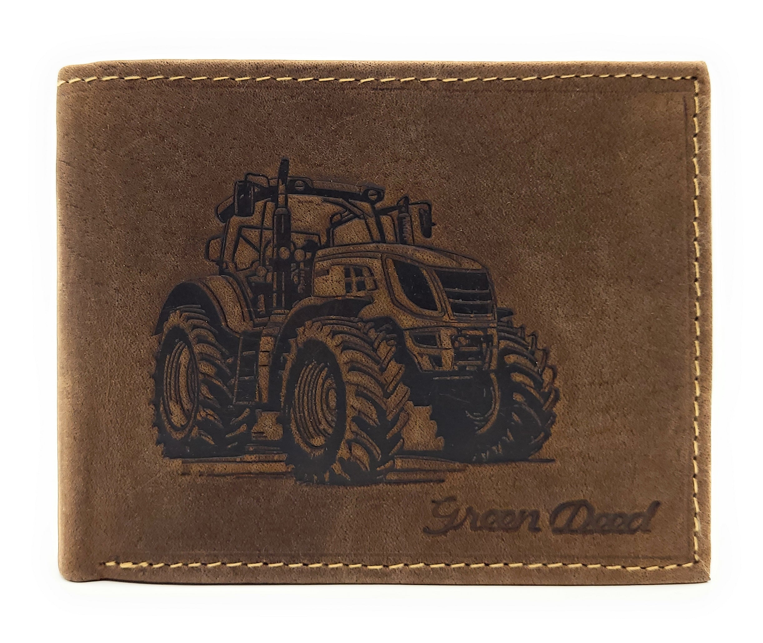 Green Deed Geldbörse aus Hunterleder – Dunkelbraun mit geprägtem Traktor-Motiv, RFID-Schutz & Geschenkbox