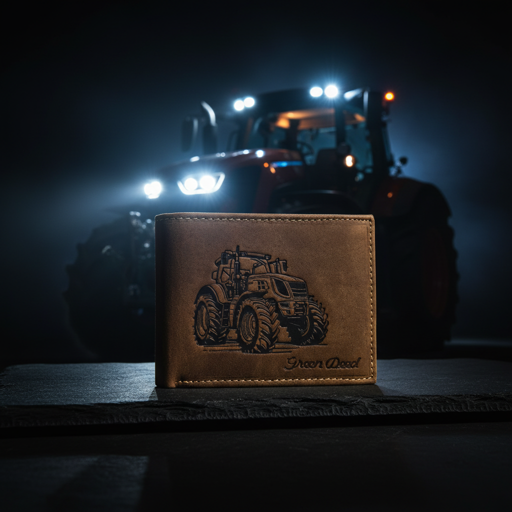 Green Deed Geldbörse aus Hunterleder – Dunkelbraun mit geprägtem Traktor-Motiv, RFID-Schutz & Geschenkbox