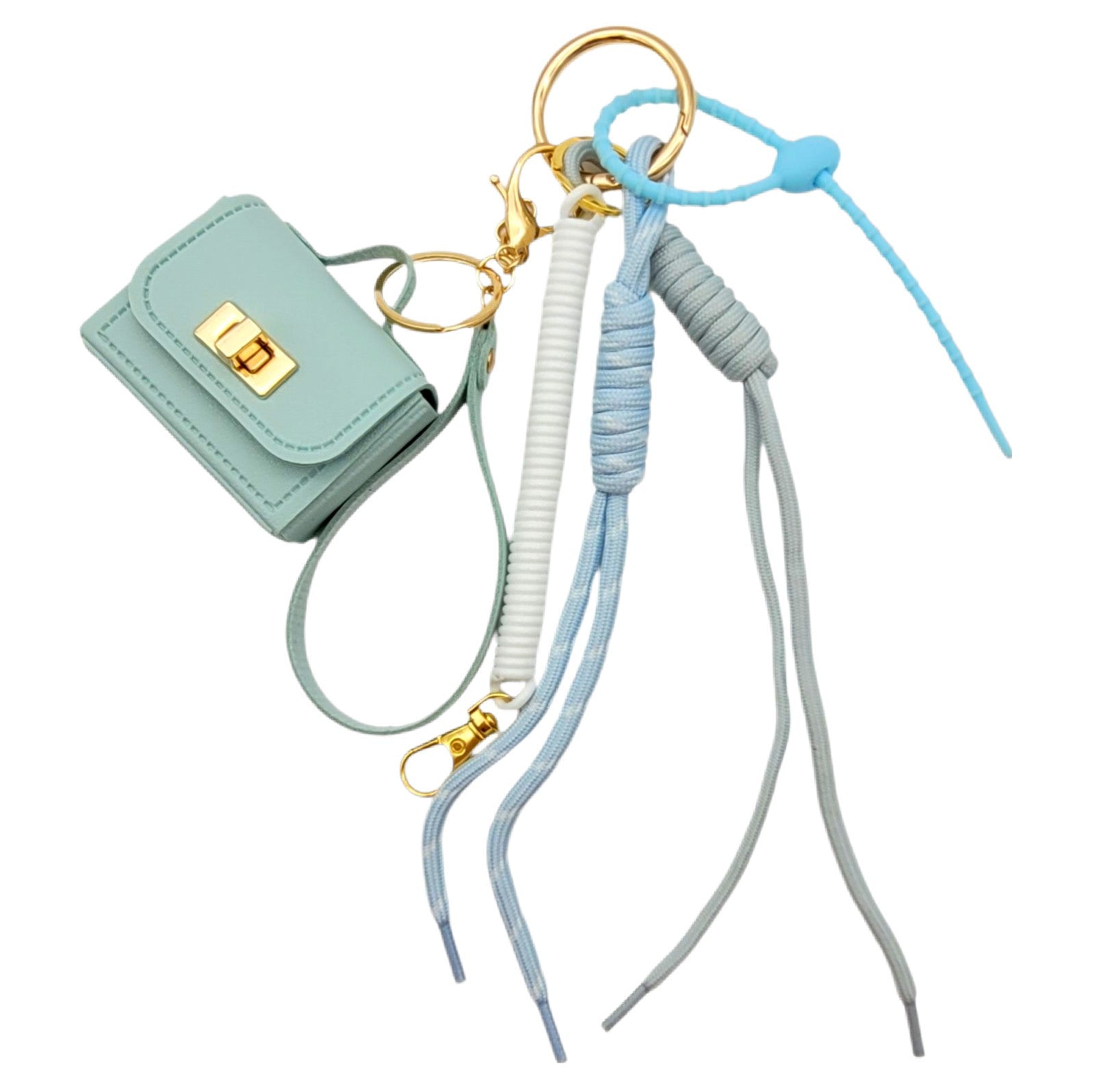 Handtaschen-Anhänger mit Mini-Täschchen und geflochtenen Kordeln, 25cm, Hellblau-Blau-Gold, Taschenanhänger Charm