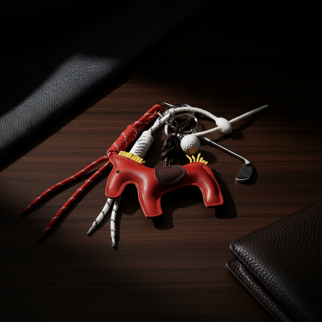Handtaschen-Anhänger Charm Pferd Golfschäger Golfball 25cm Geflochtene Kordeln Rot Braun