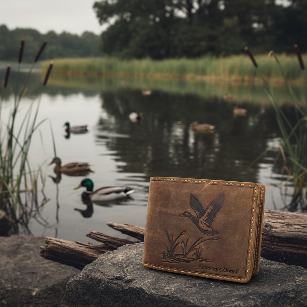 Green Deed Geldbörse aus Hunterleder – Dunkelbraun mit geprägtem Entenmotiv, RFID-Schutz und Geschenkbox