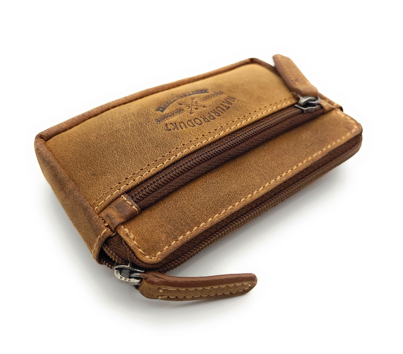 Jockey Club Schlüsseletui aus purem Büffel-Hunter-Leder – ungefüttertes, langlebiges Lederetui mit Reißverschlussfächern und zwei Schlüsselringen cognacbraun