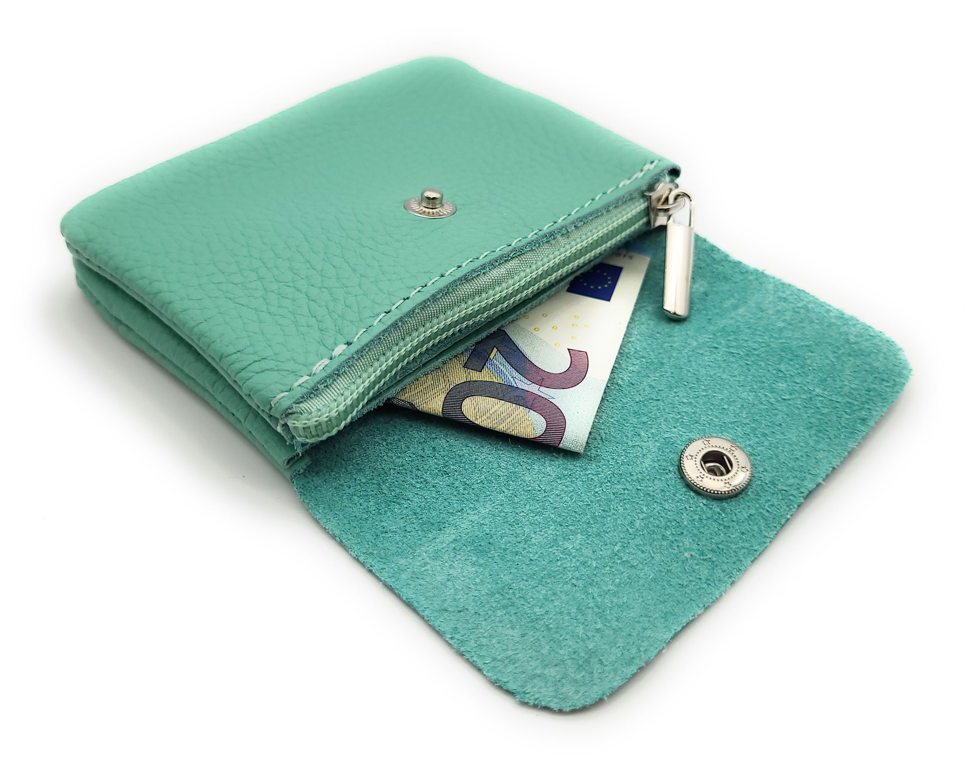 Mini Geldbörse aus echtem Rindleder – kompaktes Leder Portemonnaie Made in Italy mintgrün