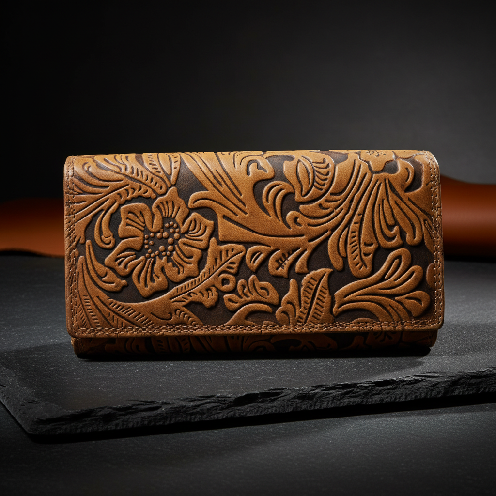 Damen Geldbörse Büffelleder groß | RFID Schutz | 18 Kartenfächer | Blumenprägung