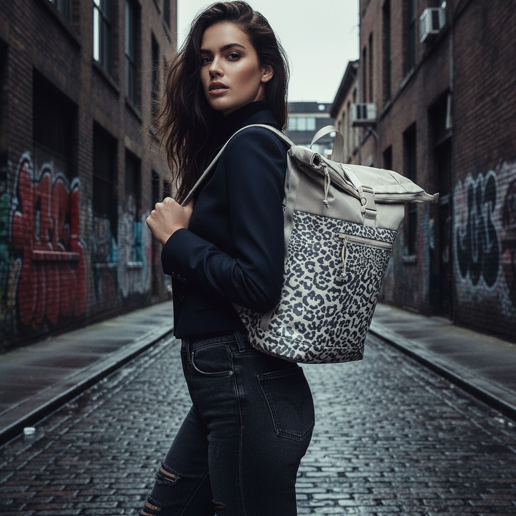 New Rebels Roll Up Rolltop Kurier Rucksack New York, wasserabweisend, Laptopfach Leopard