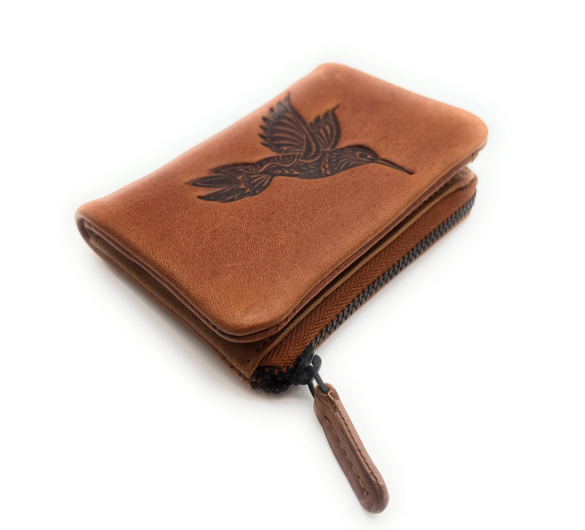 Mini-Geldbörse gewachstes Rindleder Kolibri-Prägung RFID-Schutz cognac braun