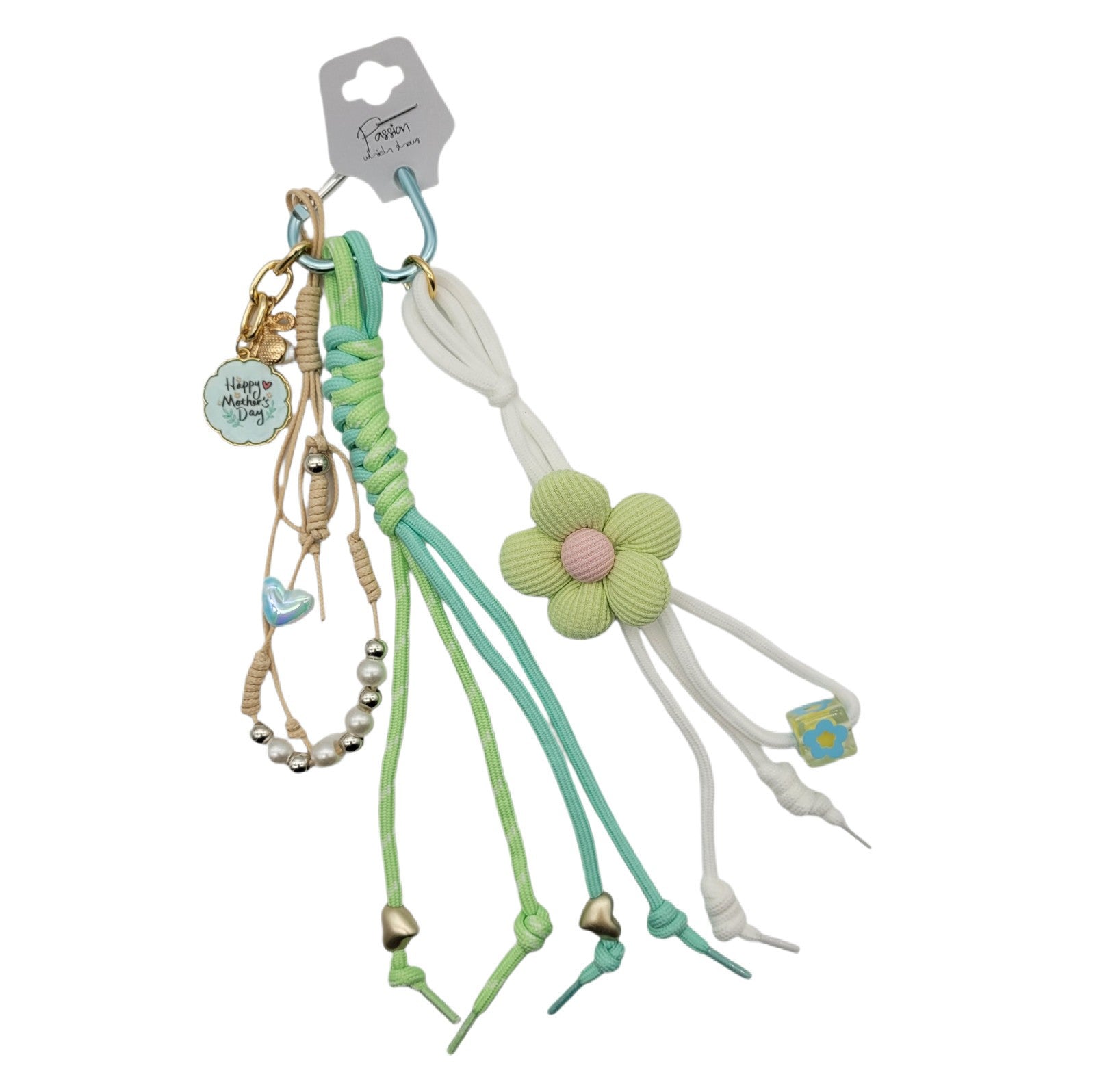 Handtaschen-Anhänger Charm Blume 25cm Geflochtene Kordeln Grün Mint