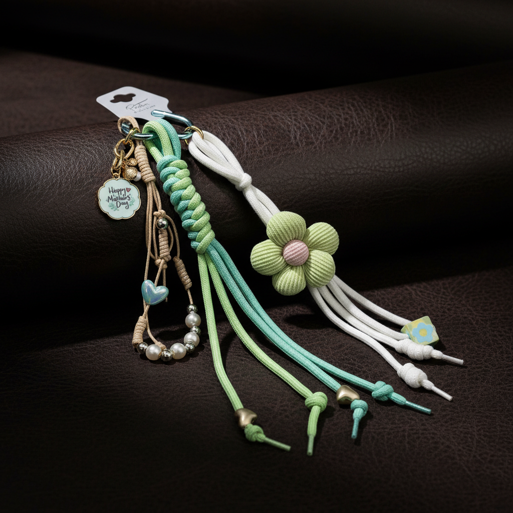 Handtaschen-Anhänger Charm Blume 25cm Geflochtene Kordeln Grün Mint