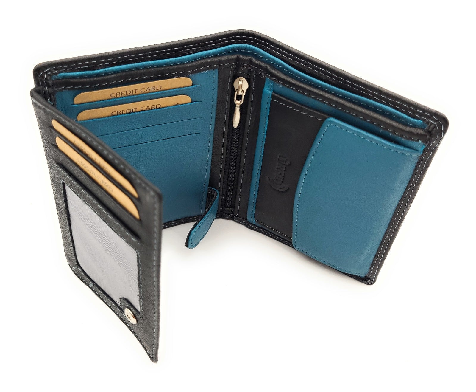 Jockey Club Basic Geldbörse aus Rindleder mit RFID-Schutz, Reißverschlussfach, 6 Kartenfächern, 2 Sicht- & 2 Einsteckfächern, Münzfach & Doppelnaht schwarz petrol