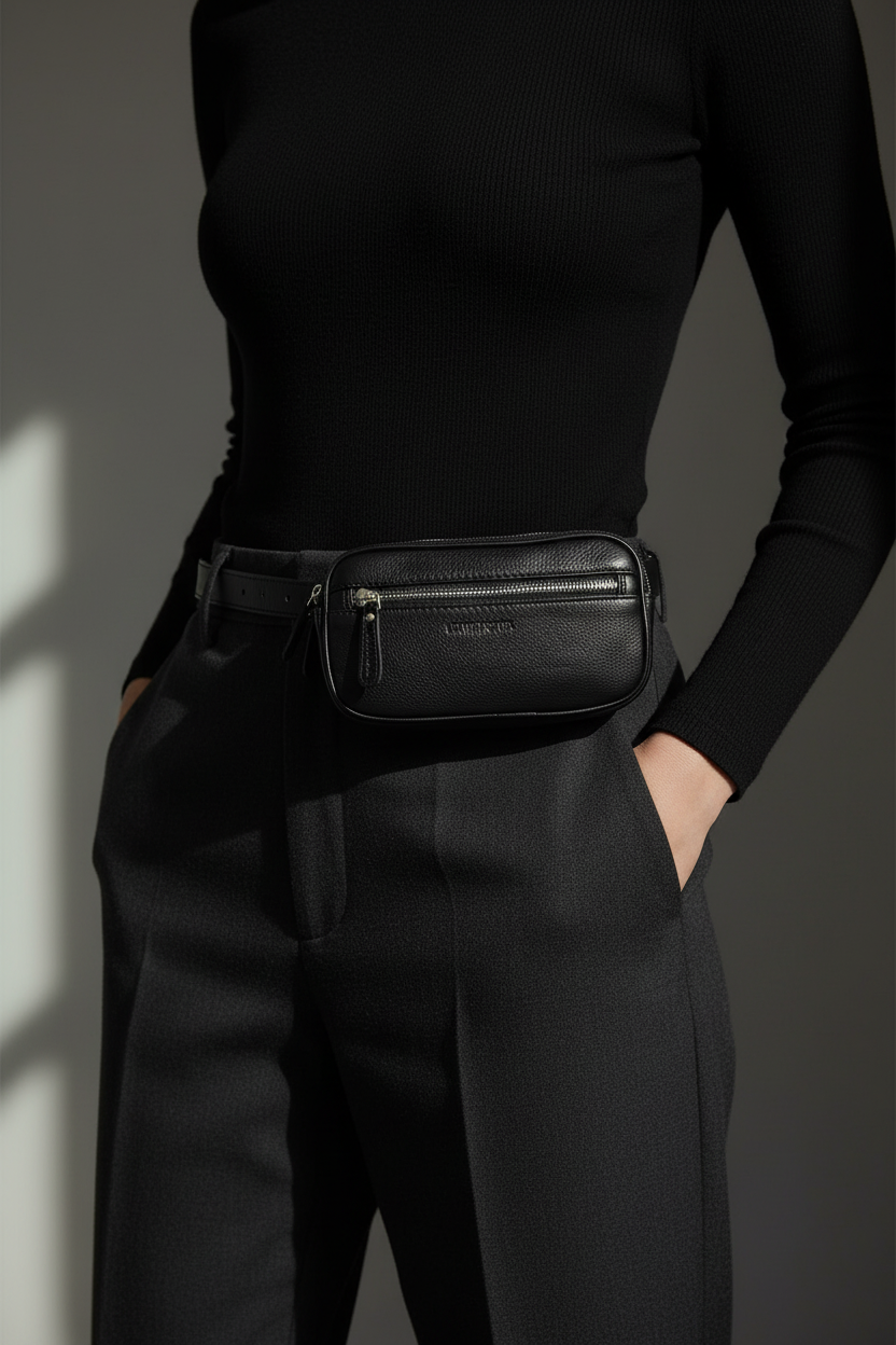 Gürteltasche Leder XXL mit 2 Hauptfächern | Bauchtasche Nappaleder Schwarz | Hüfttasche Echtleder 21cm