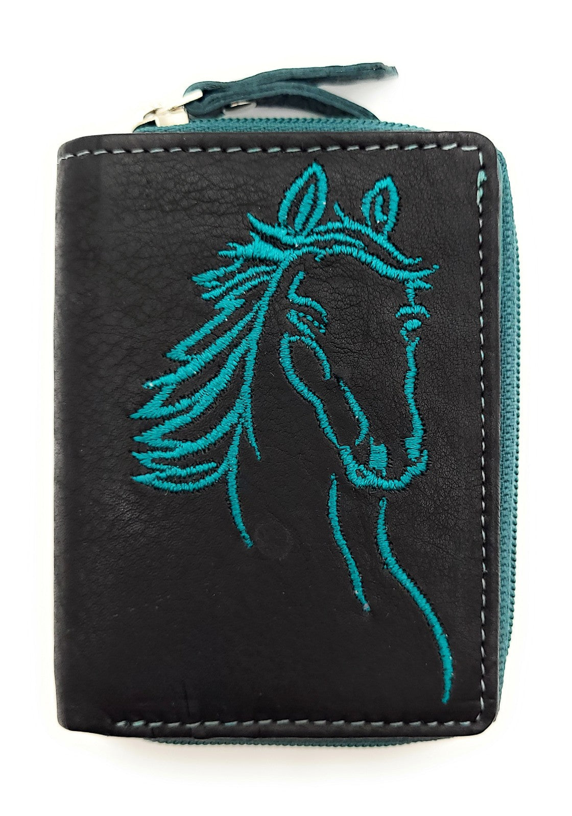 Jockey Club Mini-Geldbörse aus Leder mit RFID-Schutz & Pferde-Stickerei – kompakt & stilvoll schwarz petrol