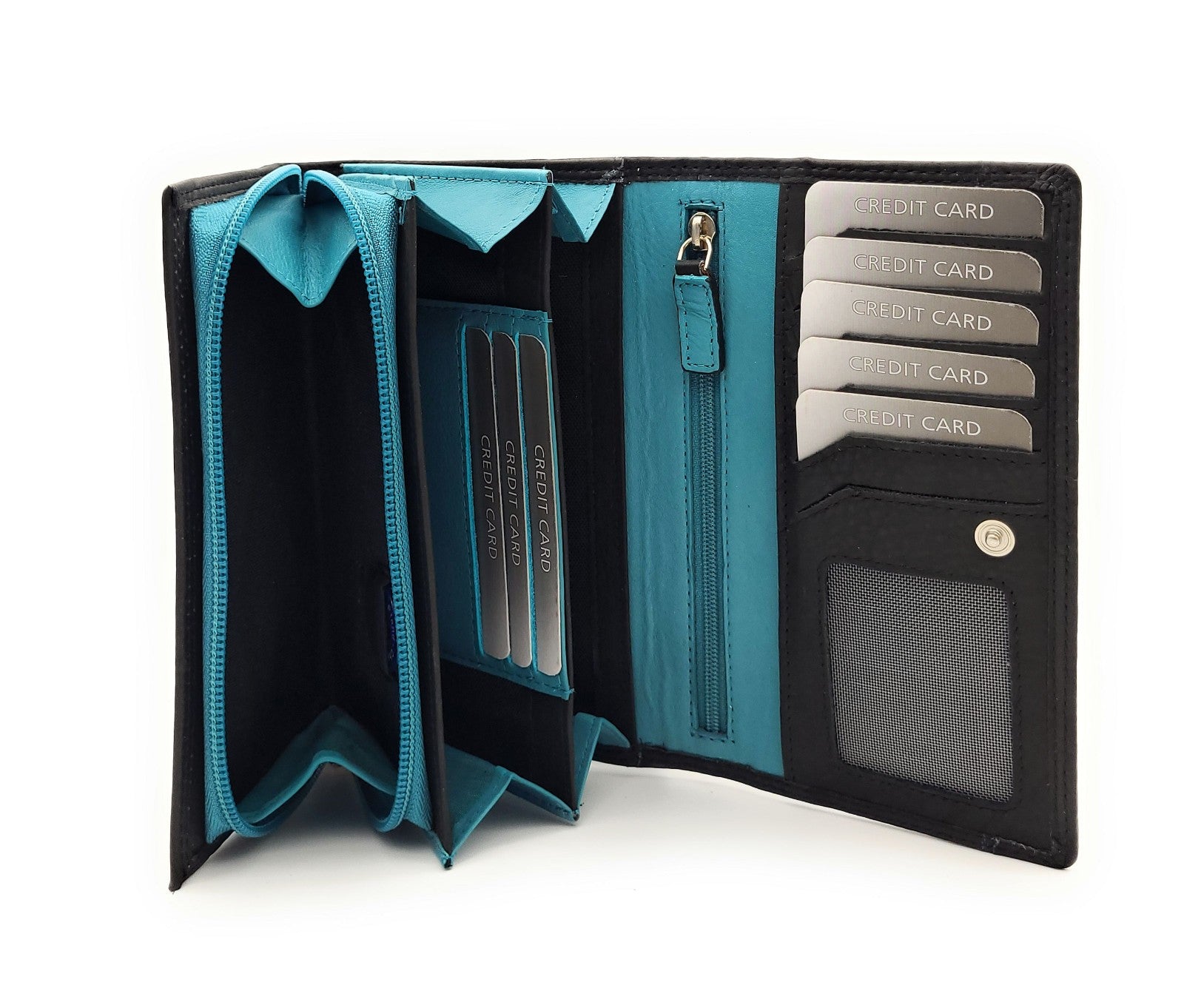 Jockey Club Echt Leder Damen Geldbörse RFID Schutz – Portemonnaie Bicolor Schwarz/Türkis – Viele Fächer, Druckknopf, Reißverschluss, großes Münzfach