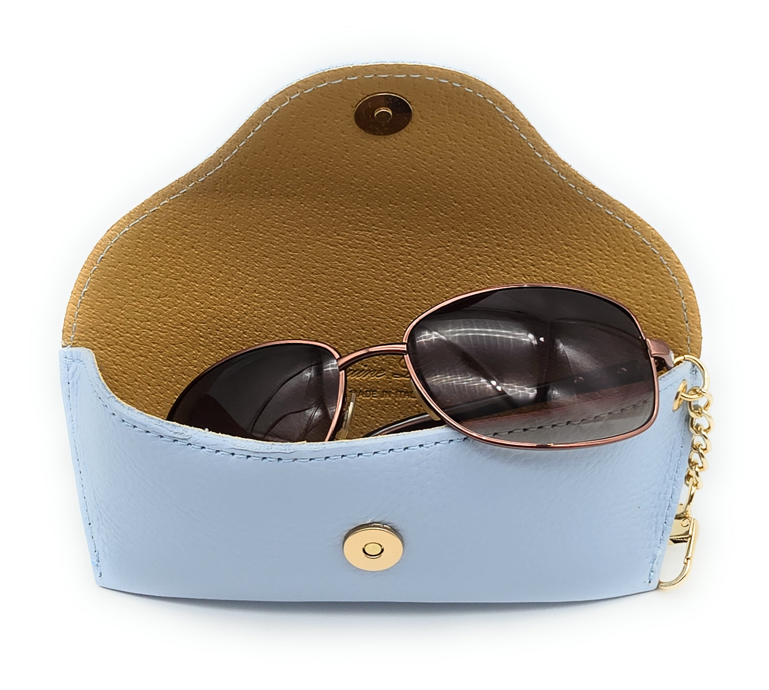 Brillenetui aus echtem Leder mit Magnetverschluss und Karabinerkette – Made in Italy hellblau