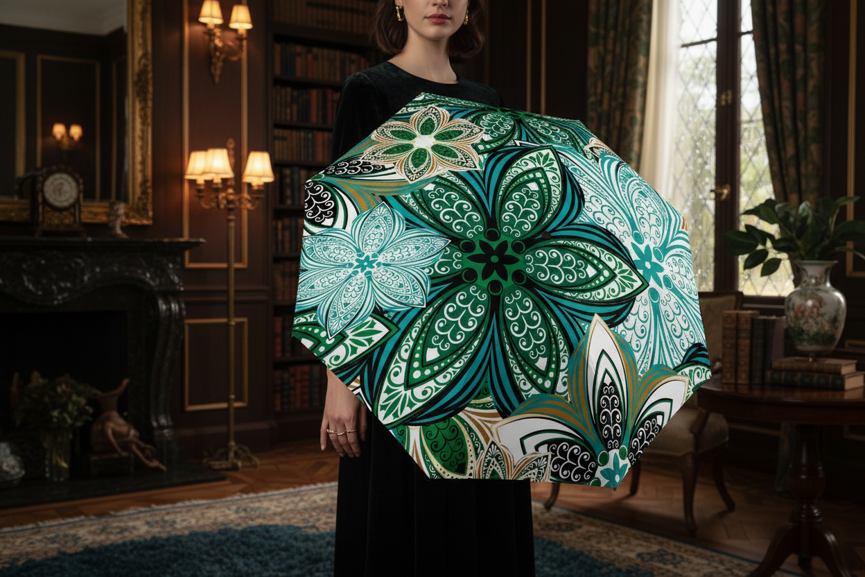 doppler Design-Regenschirm | Mandala-Blütenmuster | Smaragdgrün & Türkis Meadow Satin