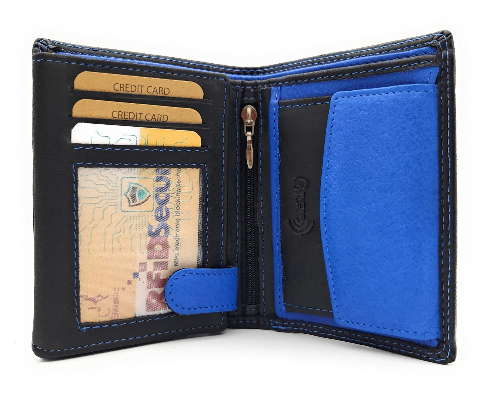 Jockey Club Basic Geldbörse aus Rindleder mit RFID-Schutz, Reißverschlussfach, 6 Kartenfächern, 2 Sicht- & 2 Einsteckfächern, Münzfach & Doppelnaht schwarz royal