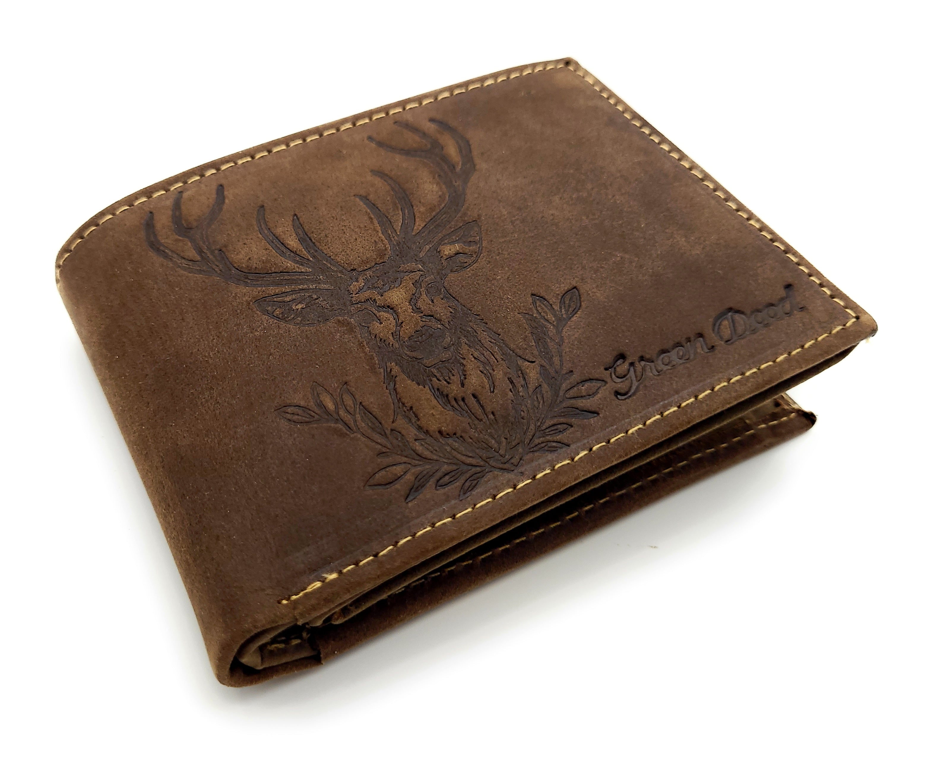 Green Deed Geldbörse aus Hunterleder – Dunkelbraun mit geprägtem Hirschmotiv, RFID-Schutz & Geschenkbox