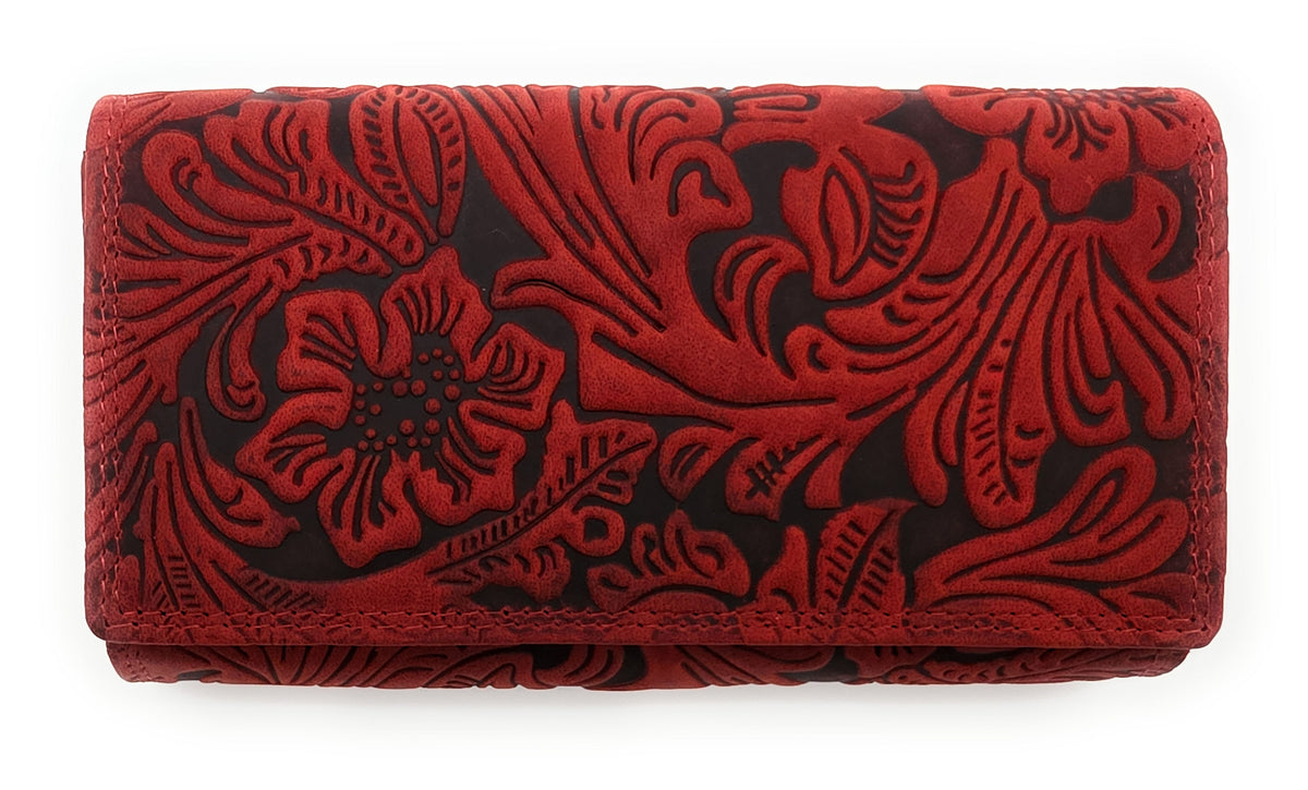 Damen Geldbörse Groß Echt Leder RFID Schutz - Büffelleder Portemonnaie mit 18 Kartenfächern - Große Brieftasche mit Blumenprägung rot
