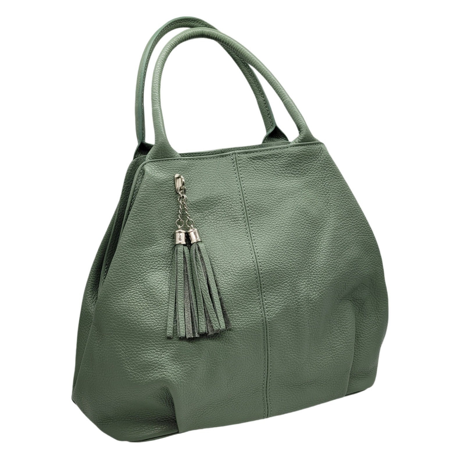 Damen Handtasche Grün aus Echtleder – Made in Italy – Schultergurt, Tragehenkel, Innenfächer, Reißverschluss, silberne Metall-Details