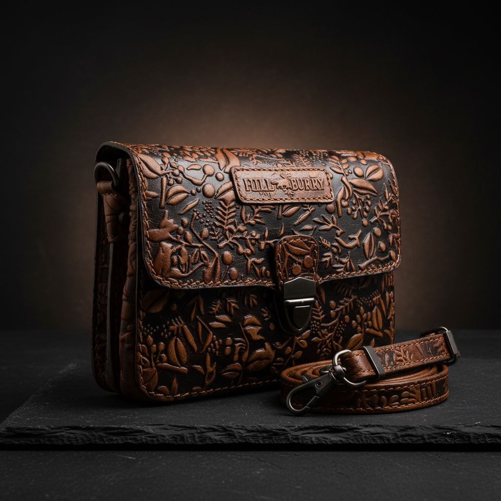 Hill Burry Damen Gürteltasche – Echtleder, floral geprägt, Braun