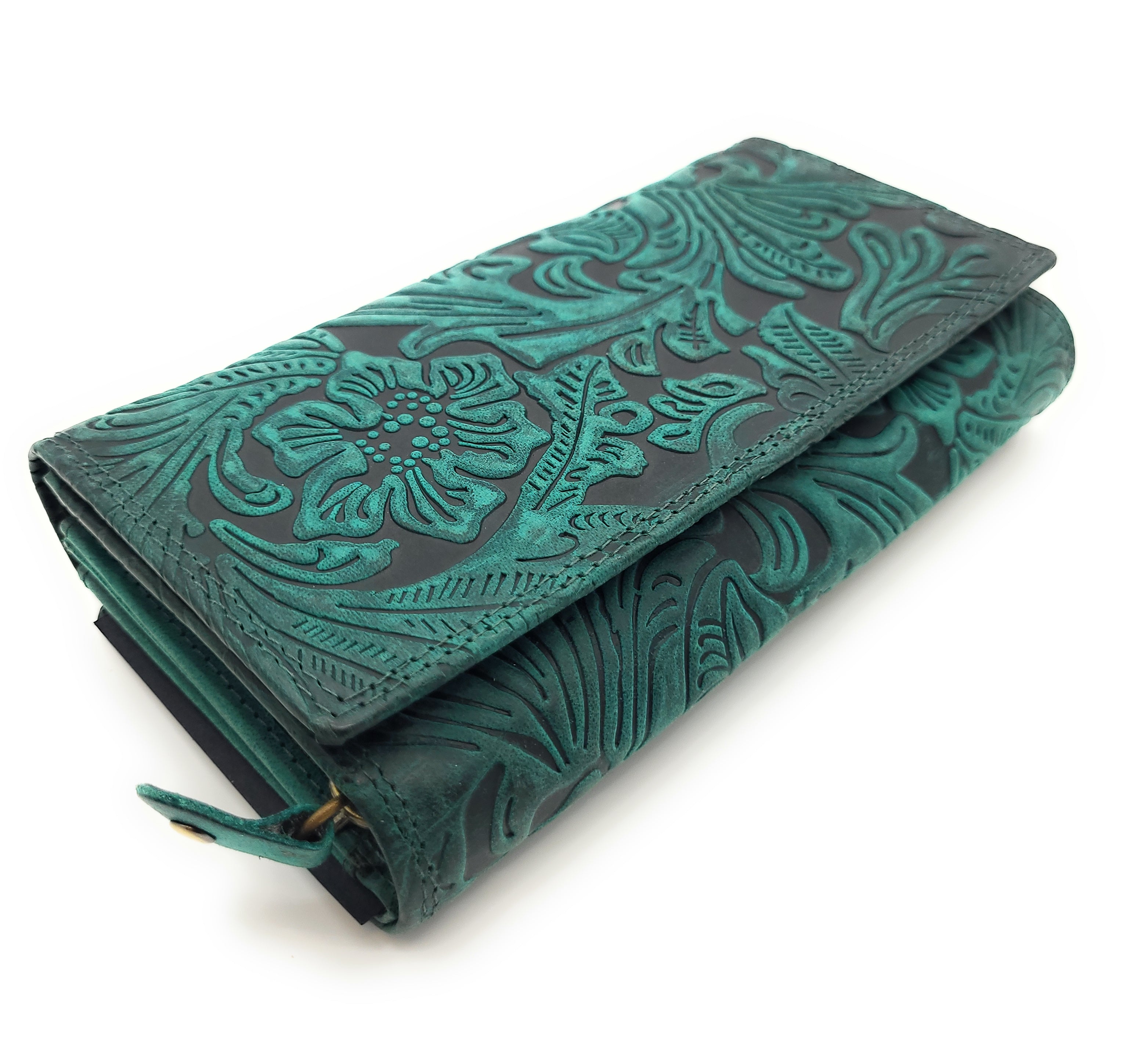 Damen Geldbörse Groß Echt Leder RFID Schutz - Büffelleder Portemonnaie mit 18 Kartenfächern - Große Brieftasche mit Blumenprägung grün