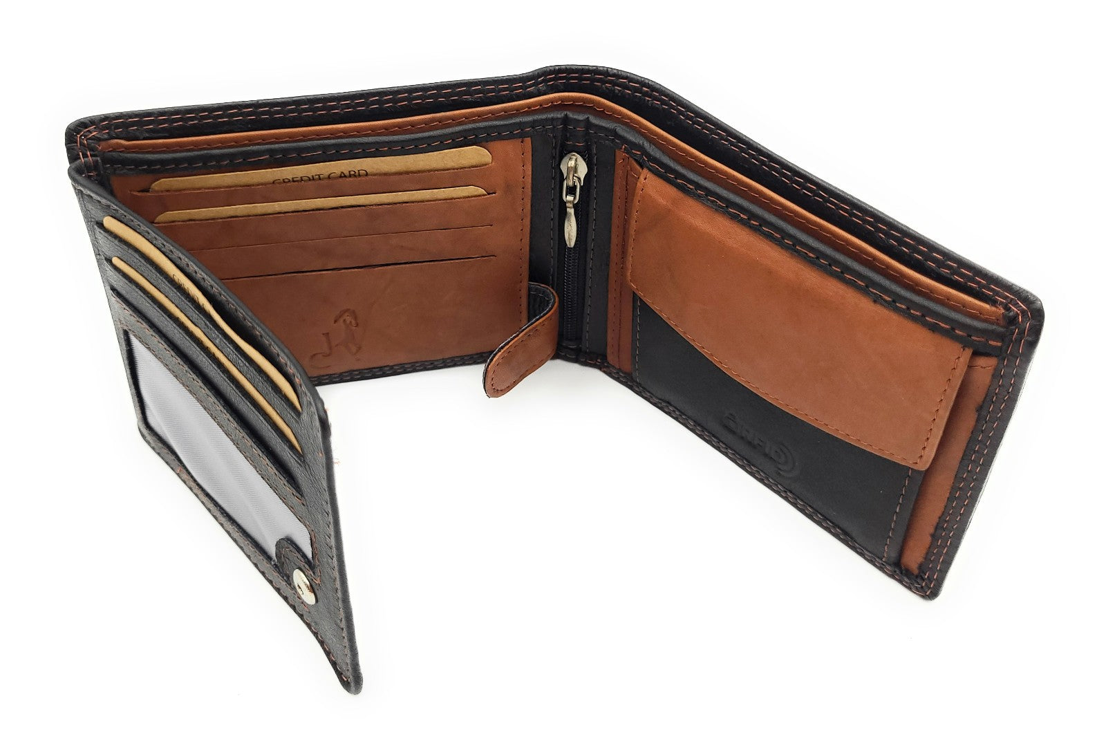 Jockey Club Basic Geldbörse aus Rindleder mit RFID-Schutz, Reißverschlussfach, 6 Kartenfächern, 2 Sicht- & 2 Einsteckfächern, Münzfach & Doppelnaht schwarz braun