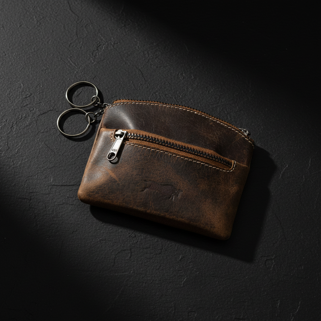 Ven Tomy Schlüsseletui – Büffelleder Vintage Braun mit 2 Schlüsselringen, Reißverschluss und Vorfach