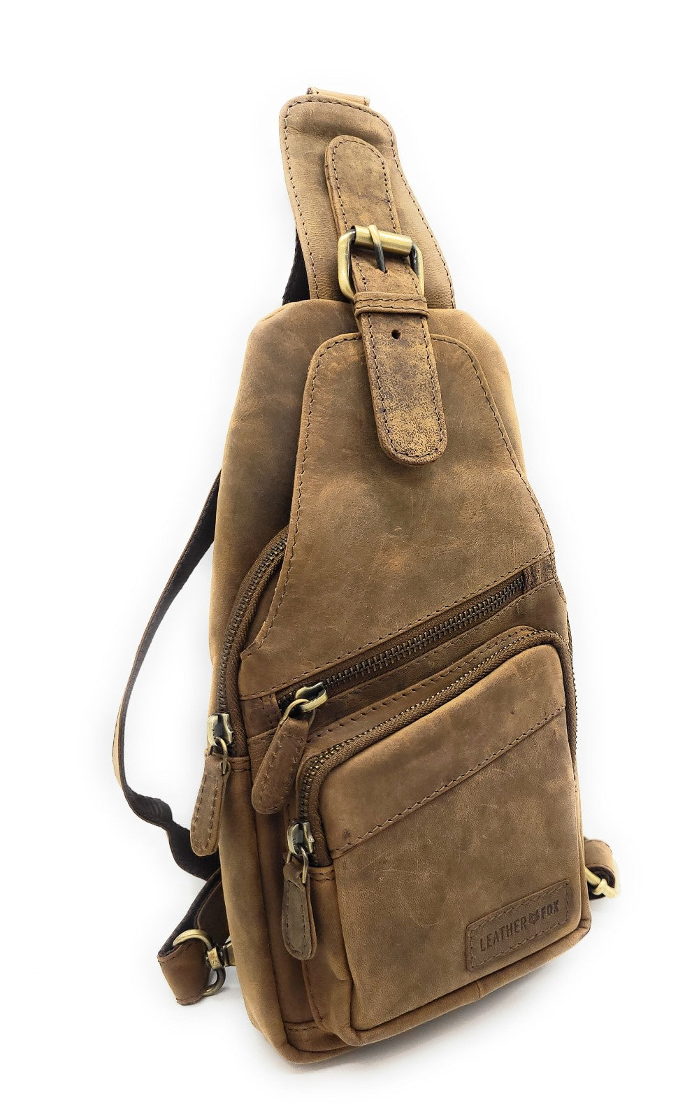 Leatherfox Slingbag aus echtem Hunterleder – mittelgroße Unisex-Umhängetasche mit 2 Fronttaschen, verstellbarem Gurt & karierter Innenausstattung