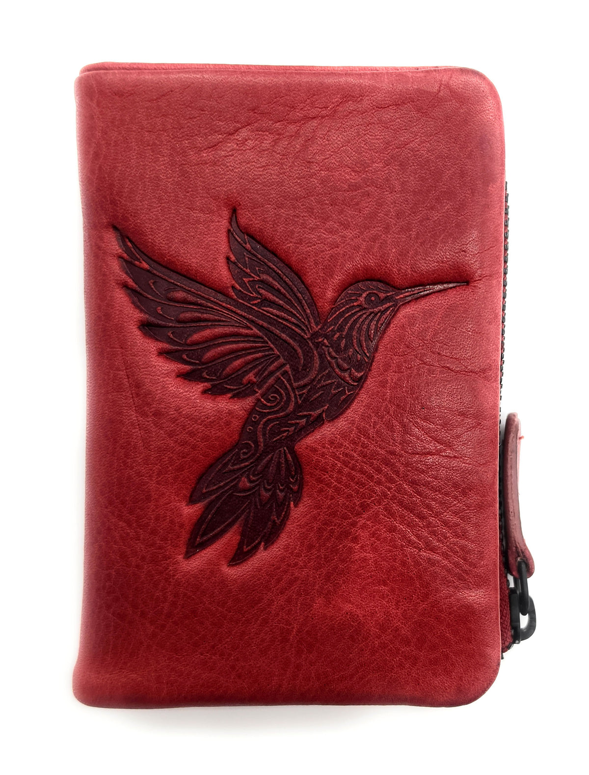 Mini-Geldbörse gewachstes Rindleder Kolibri-Prägung RFID-Schutz rot