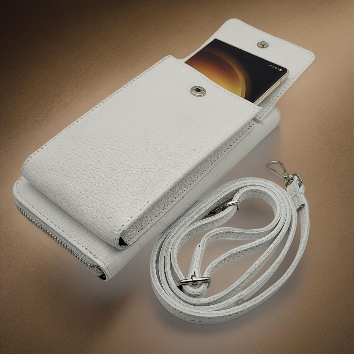 echt Leder Handybörse Smartphonetasche Geldbörse Umhängetasche made in Italy weiß