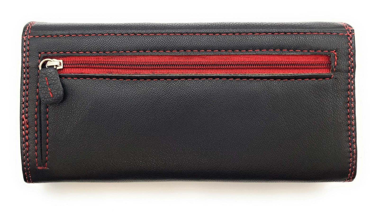 Große Damen Geldbörse aus Echtleder mit RFID-Schutz, 18 Kartenfächer, Langformat mit Münzfach & Doppelnaht schwarz rot