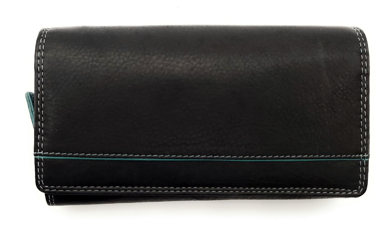 Jockey Club Echt Leder Damen Geldbörse RFID Schutz – Portemonnaie Bicolor Schwarz/Petrol – Viele Fächer, Druckknopf, Reißverschluss, großes Münzfach