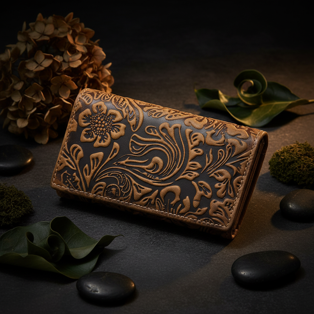 Jockey Club Damen Geldbörse lang Portemonnaie geprägtes Vollrindleder Ranken und Blüten mit RFID Schutz cognac braun