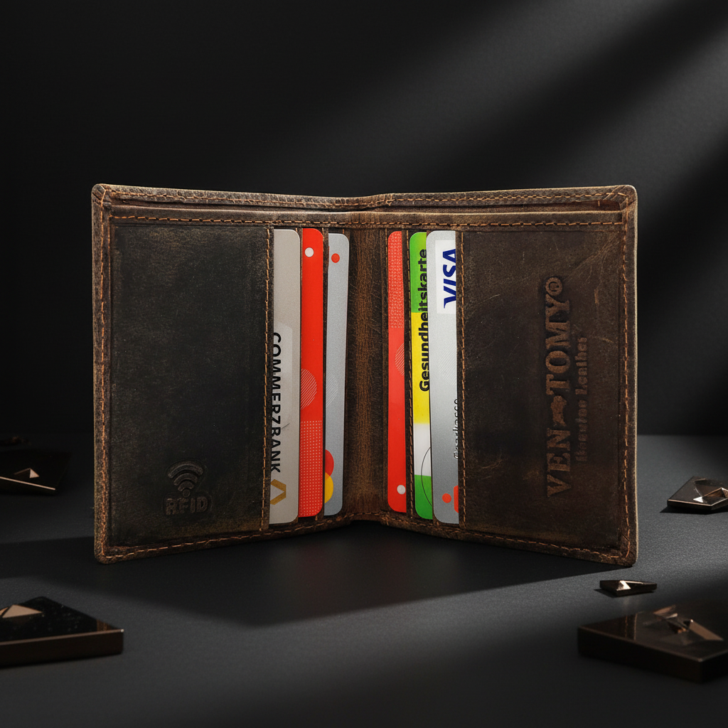 Ven Tomy echt Leder Mini Geldbörse Portemonnaie 6 Kartenfächer Büffelleder mit RFID Schutz braun