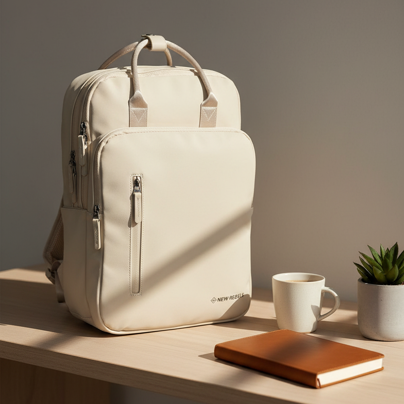 New Rebels William Milwaukee Rucksack – Wasserabweisend, 18L Volumen, Laptopfach, Silber-Innenfutter beige