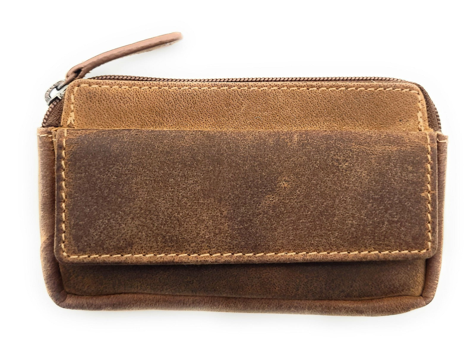 Jockey Club Schlüsseletui aus purem Büffel-Hunter-Leder – ungefüttertes, langlebiges Lederetui mit Reißverschlussfächern und zwei Schlüsselringen cognacbraun