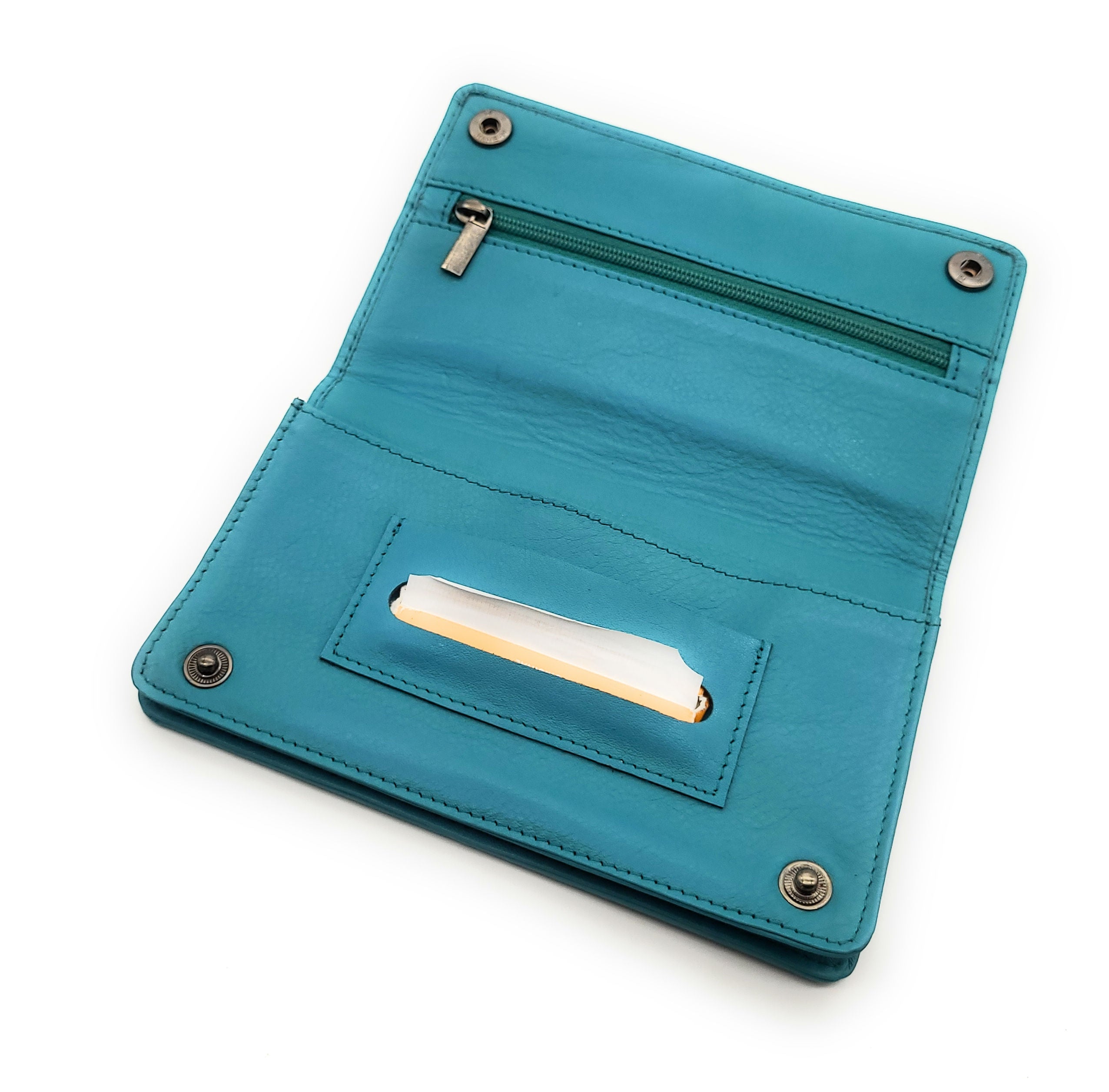 Tabakbeutel aus Nappaleder – Komfortgröße, passend für 30 g Tabakpackungen, mit Blättchenfach & Reißverschlussfächern, türkis