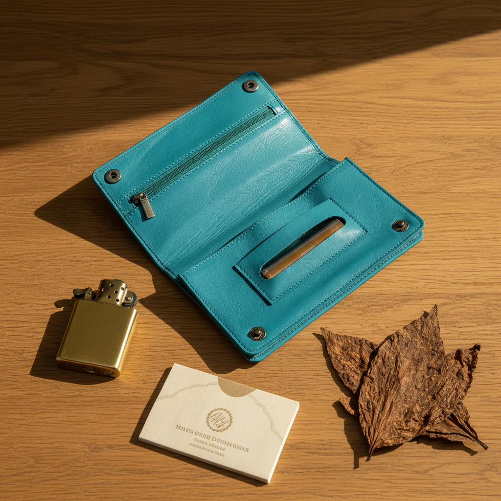 Tabakbeutel aus Nappaleder – Komfortgröße, passend für 30 g Tabakpackungen, mit Blättchenfach & Reißverschlussfächern, türkis