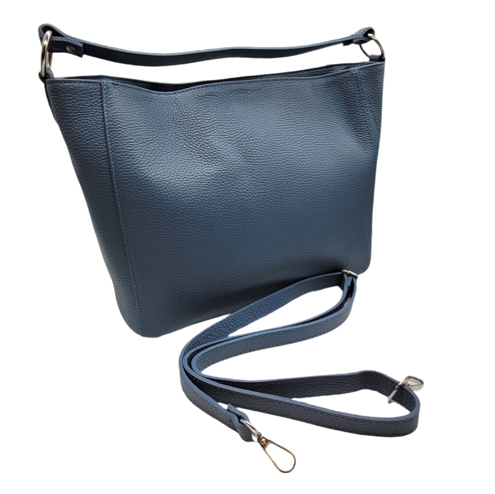 Elegante Damen-Handtasche aus Echtleder Blau-Grau – Made in Italy – Schultergurt, Reißverschluss & Innenfächer