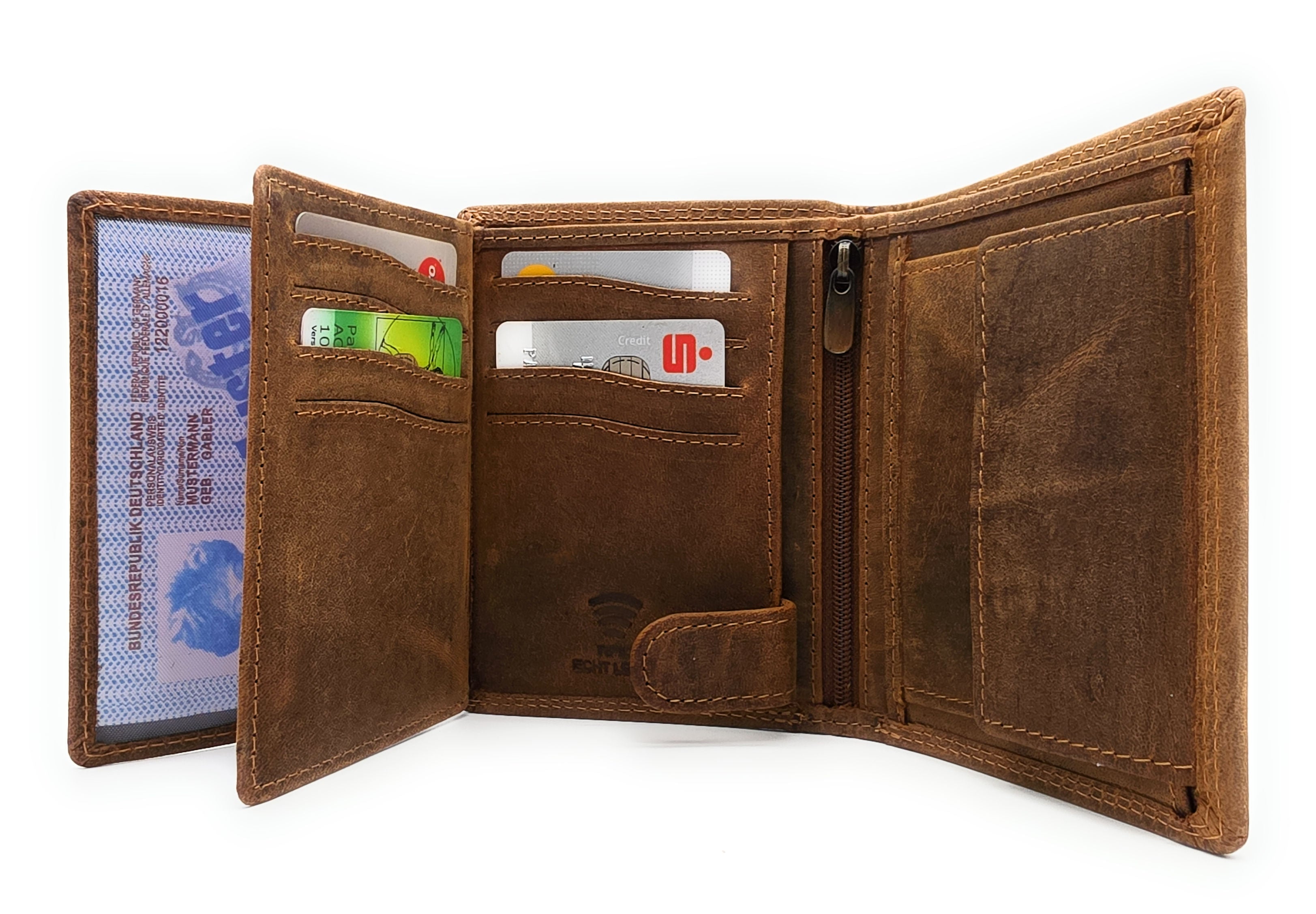 Lemasi robustes Hunterleder Portemonnaie Geldbörse RFID Blocker 19 Fächer Unisex braun