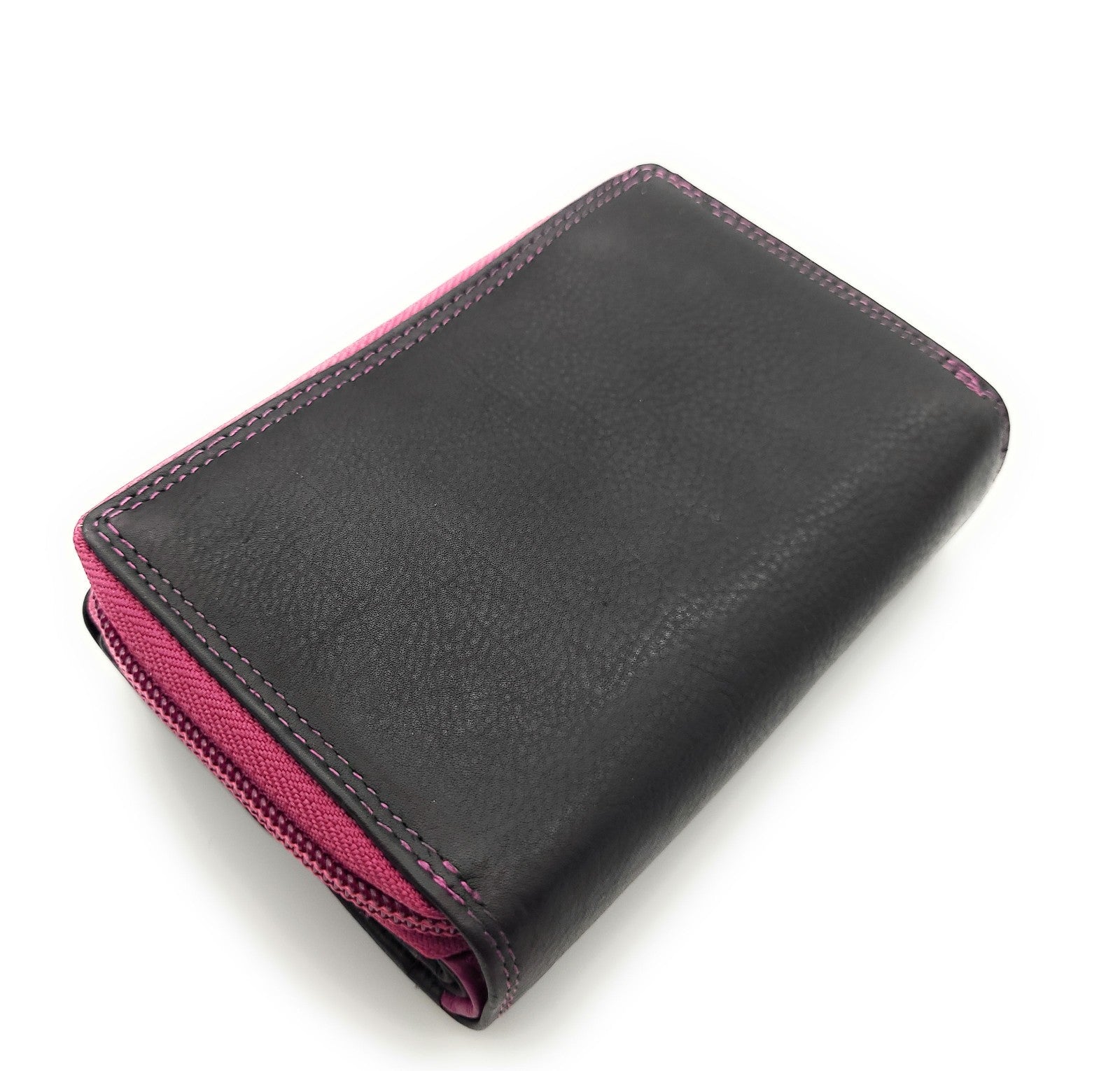 Jockey Club Geldbörse aus echtem Rindleder im Triangel-Design mit Druckknopf-Überschlag, RFID-Schutz, 9 Kartenfächern, Sichtfächern, Münzfach & Doppelnaht schwarz berry