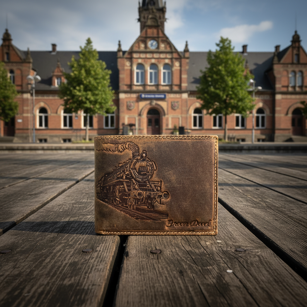 Green Deed Geldbörse aus Hunterleder – Dunkelbraun mit geprägtem Dampflok-Motiv, RFID-Schutz & Geschenkbox