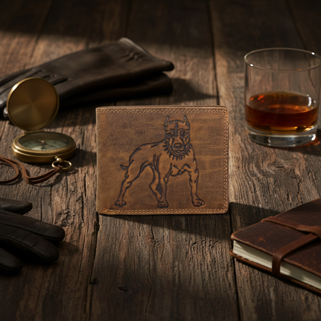 Lemasi Büffelleder Unisex Geldbörse mit Bulldoggen-Prägung - RFID Schutz - 16 Fächer - Hunterleder Querformat