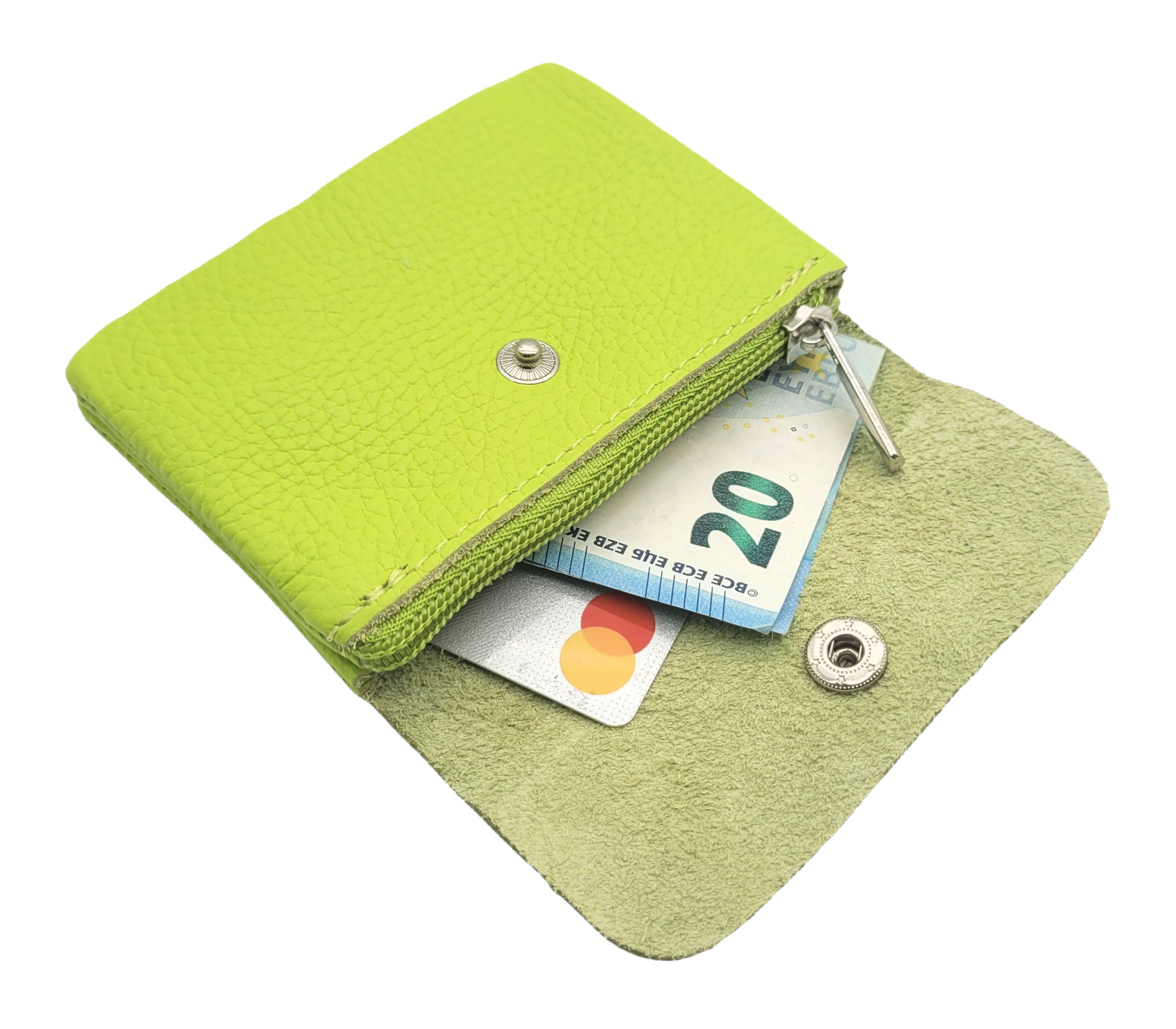 Mini Geldbörse aus echtem Rindleder – kompaktes Leder Portemonnaie Made in Italy limetten-grün